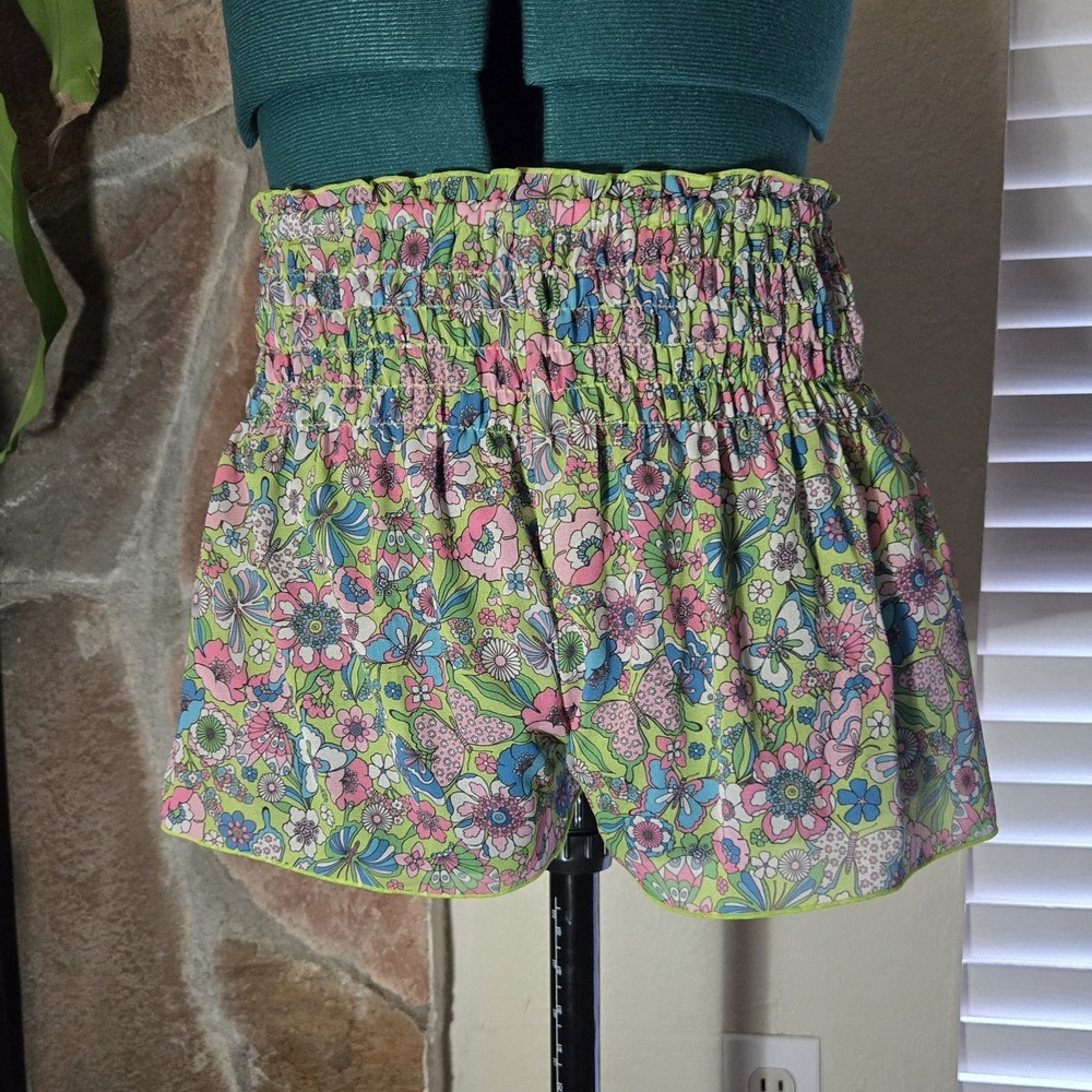 Lovers + Friends Smocked Fairy Flutter Away Shorts Lime Hippy Floral S Whimsical